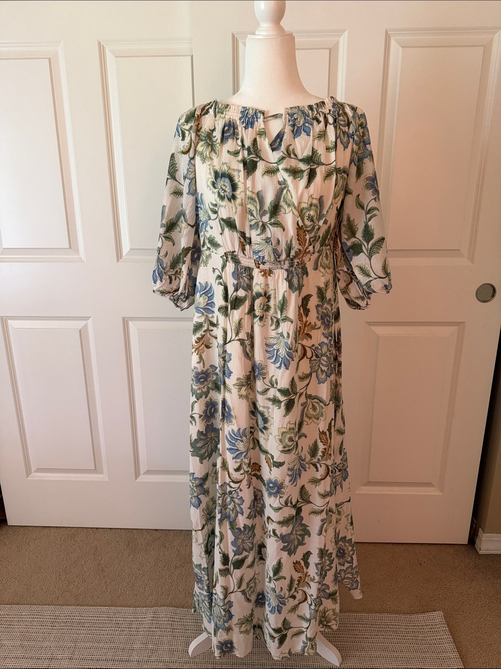 LOFT Cream Maxi Dress with Blue and Green Floral Print